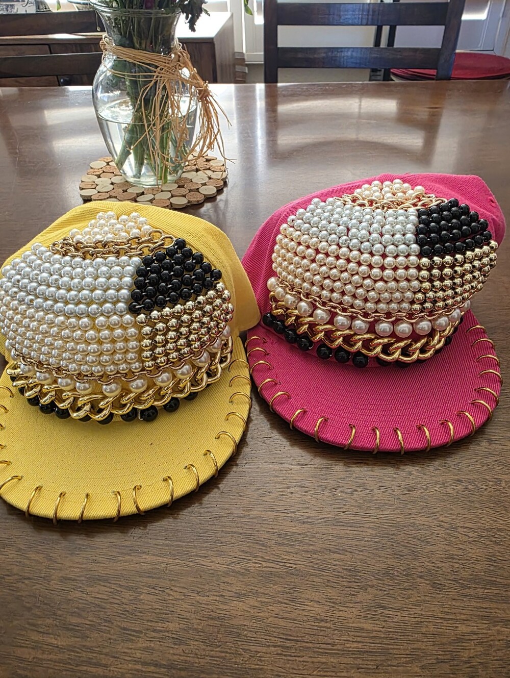 Nicole Lee Baseball Hat Pearl & Chain Embellished Cap Pink and Yellow NEW